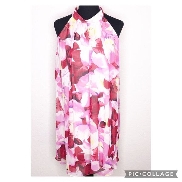 Eliza J pink red white floral sheer overlay sleeveless dress size 14 NWT - Picture 1 of 16
